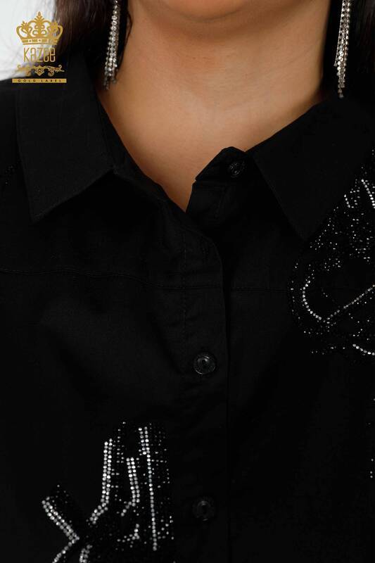 Wholesale Women's Shirt Stone Embroidered Black - 20131 | KAZEE