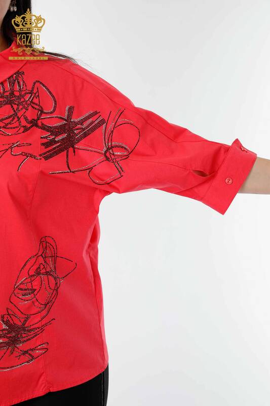 Wholesale Women's Shirt Stone Embroidered Coral - 20131 | KAZEE