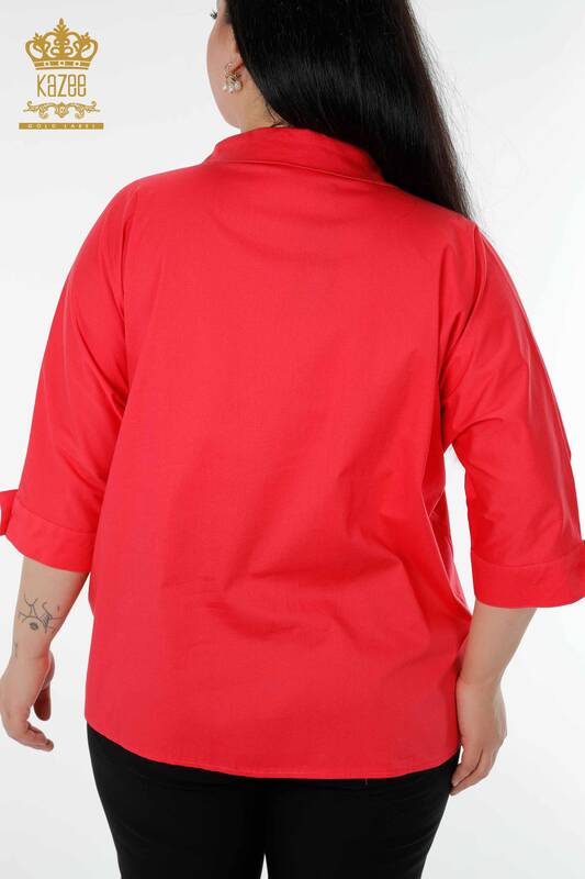 Wholesale Women's Shirt Stone Embroidered Coral - 20131 | KAZEE