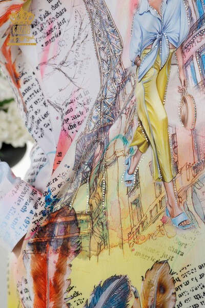 Wholesale Women's Shirt with Stone Embroidered Digital Pattern - 20359 | KAZEE - 7