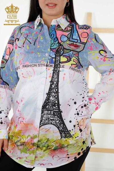 Wholesale Women's Shirt with Stone Embroidered Digital Pattern - 20362 | KAZEE - Thumbnail