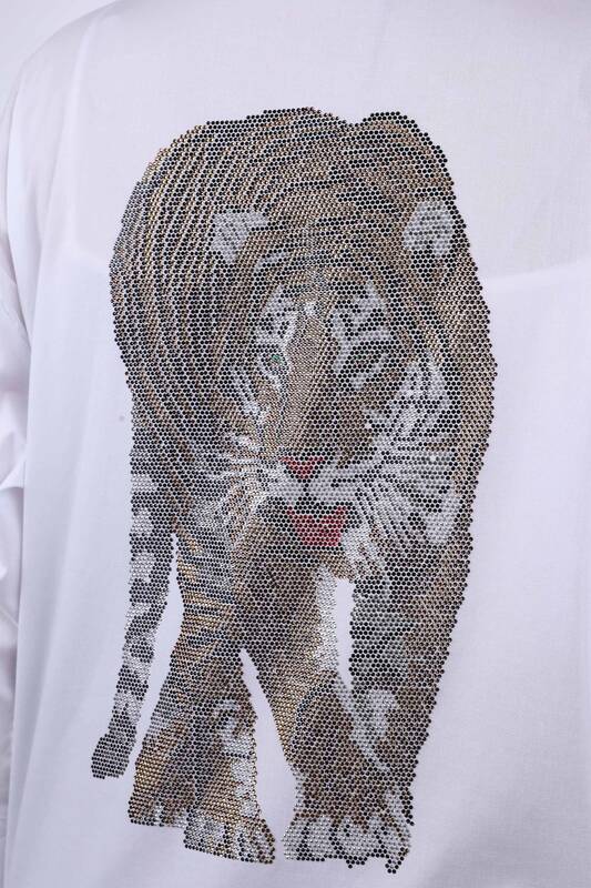 Wholesale Women's Shirt With Stone Embroidered Tiger Figure - 20040 | KAZEE