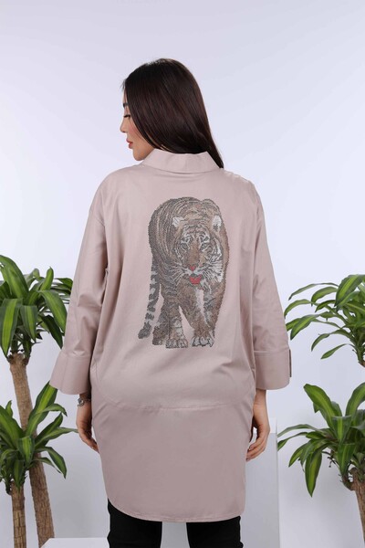 Wholesale Women's Shirt With Stone Embroidered Tiger Figure - 20040 | KAZEE - Thumbnail