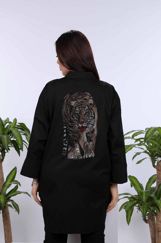 Wholesale Women's Shirt With Stone Embroidered Tiger Figure - 20040 | KAZEE