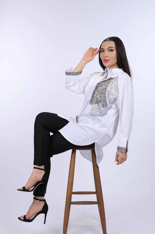 Wholesale Women's Shirts With Stone Embroidered Tiger Pattern - 17052 | KAZEE