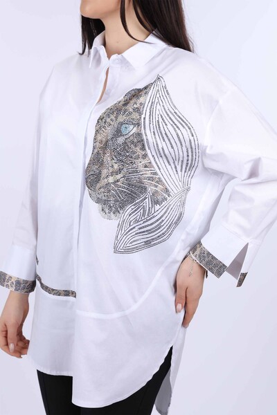 Wholesale Women's Shirts With Stone Embroidered Tiger Pattern - 17052 | KAZEE - Thumbnail