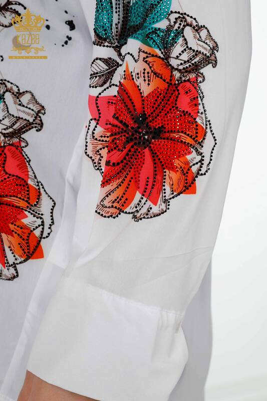 Wholesale Women's Shirt Stone Embroidered White - 20223 | KAZEE