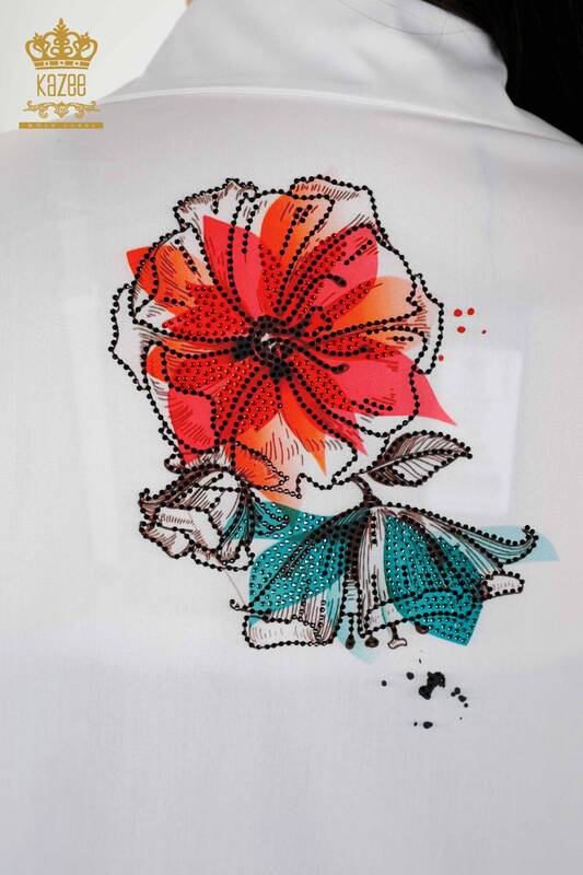 Wholesale Women's Shirt Stone Embroidered White - 20223 | KAZEE