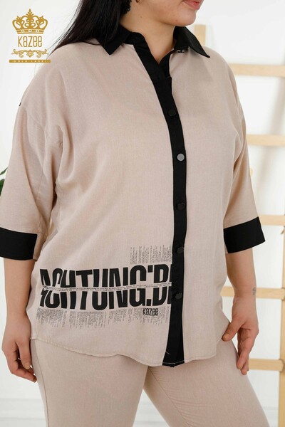 Kazee - Wholesale Women's Shirt Suit Patterned Beige - 20332 | KAZEE (1)