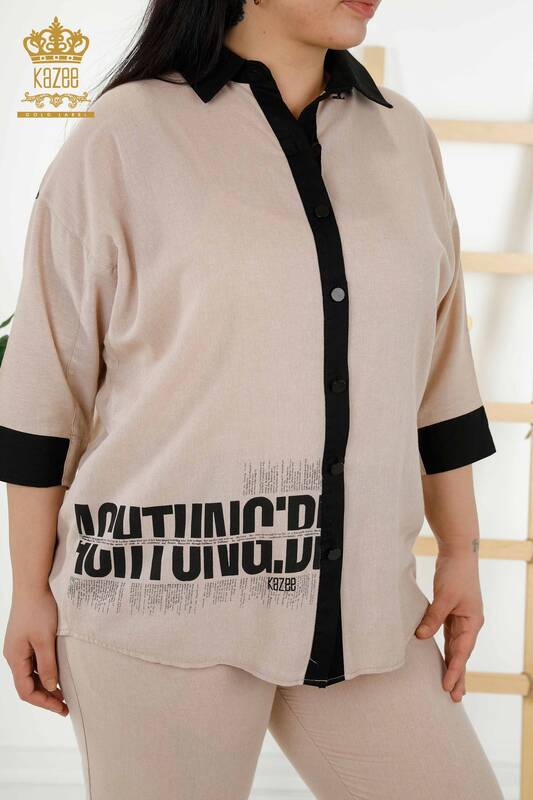 Wholesale Women's Shirt Suit Patterned Beige - 20332 | KAZEE