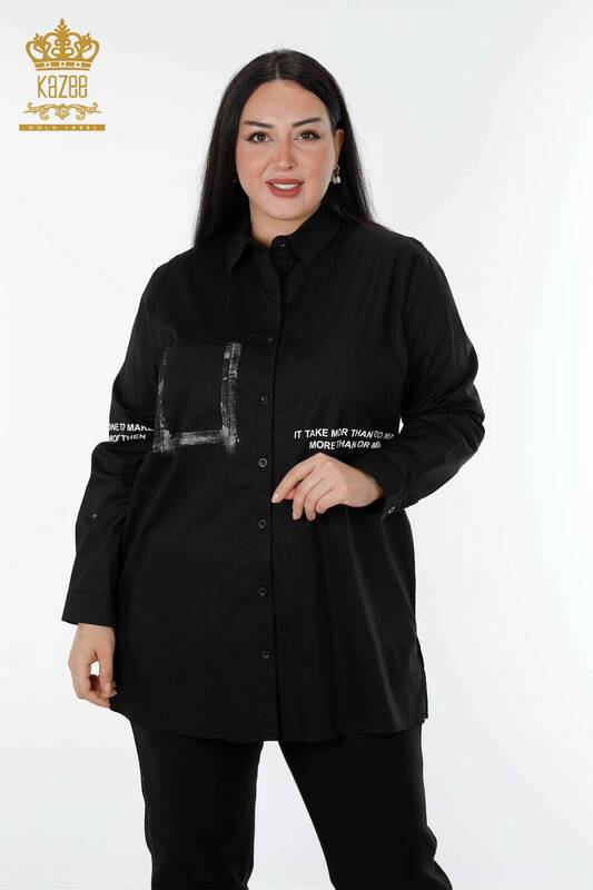 Wholesale Women's Shirt With Lettering Detail Black - 20087 | KAZEE