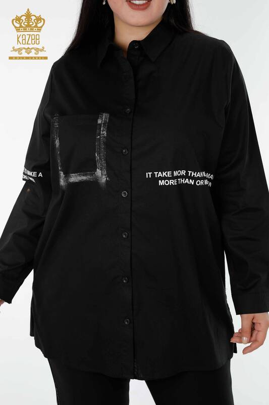 Wholesale Women's Shirt With Lettering Detail Black - 20087 | KAZEE