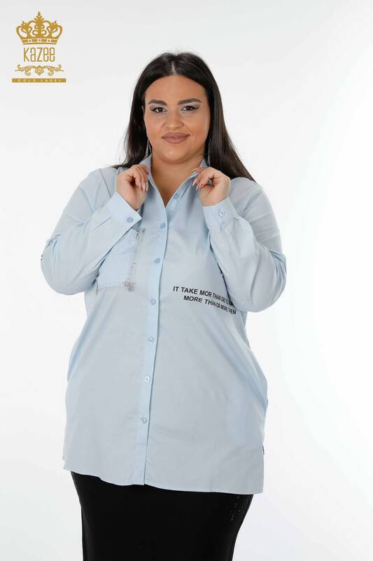 Wholesale Women's Shirt With Text Detailed Blue - 20087 | KAZEE