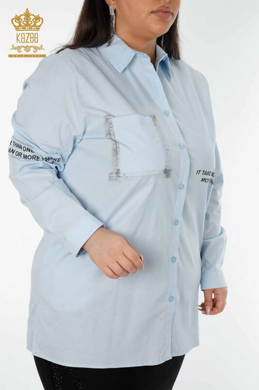 Wholesale Women's Shirt With Text Detailed Blue - 20087 | KAZEE