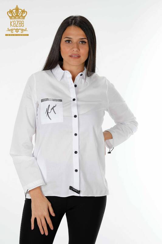 Wholesale Women's Shirt With Text Detailed White - 20089 | KAZEE