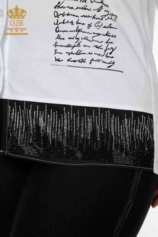 Wholesale Women's Shirt With Text Detailed White - 20097 | KAZEE