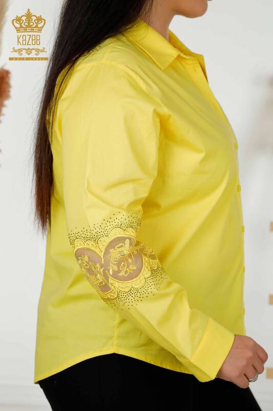 Wholesale Women's Shirt - Tulle Detailed - Yellow - 20407 | KAZEE
