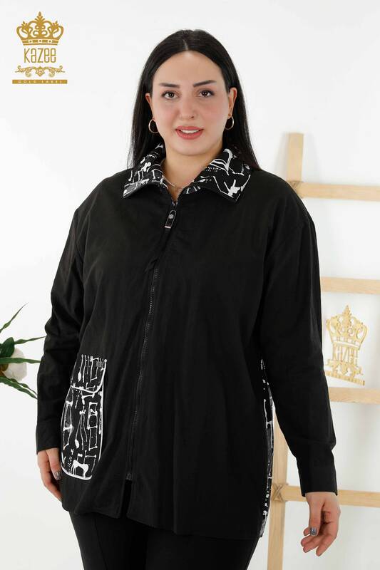 Wholesale Women's Shirts Zippered Pockets - Black - 20315 | KAZEE