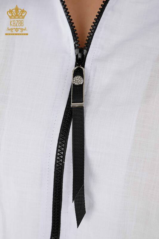 Wholesale Women's Shirts Zippered Pockets - White - 20315 | KAZEE