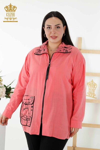 Wholesale Women's Shirts Zippered Pockets - Coral - 20315 | KAZEE - Thumbnail
