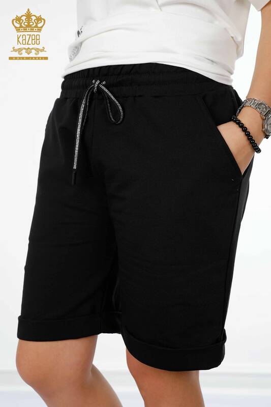 Wholesale Women's Shorts Tracksuit Set Short Sleeve Ecru Black - 17401 | KAZEE