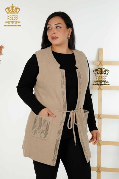 Wholesale Women's Short Vest Crystal Stone Embroidered Beige - 30495 | KAZEE - Thumbnail