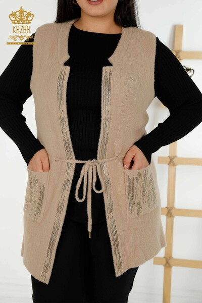 Wholesale Women's Short Vest Crystal Stone Embroidered Beige - 30495 | KAZEE - Thumbnail