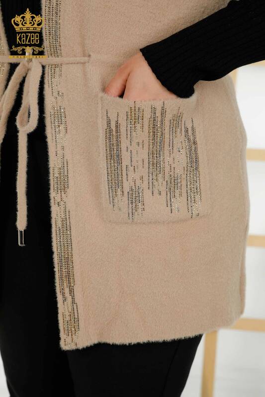 Wholesale Women's Short Vest Crystal Stone Embroidered Beige - 30495 | KAZEE