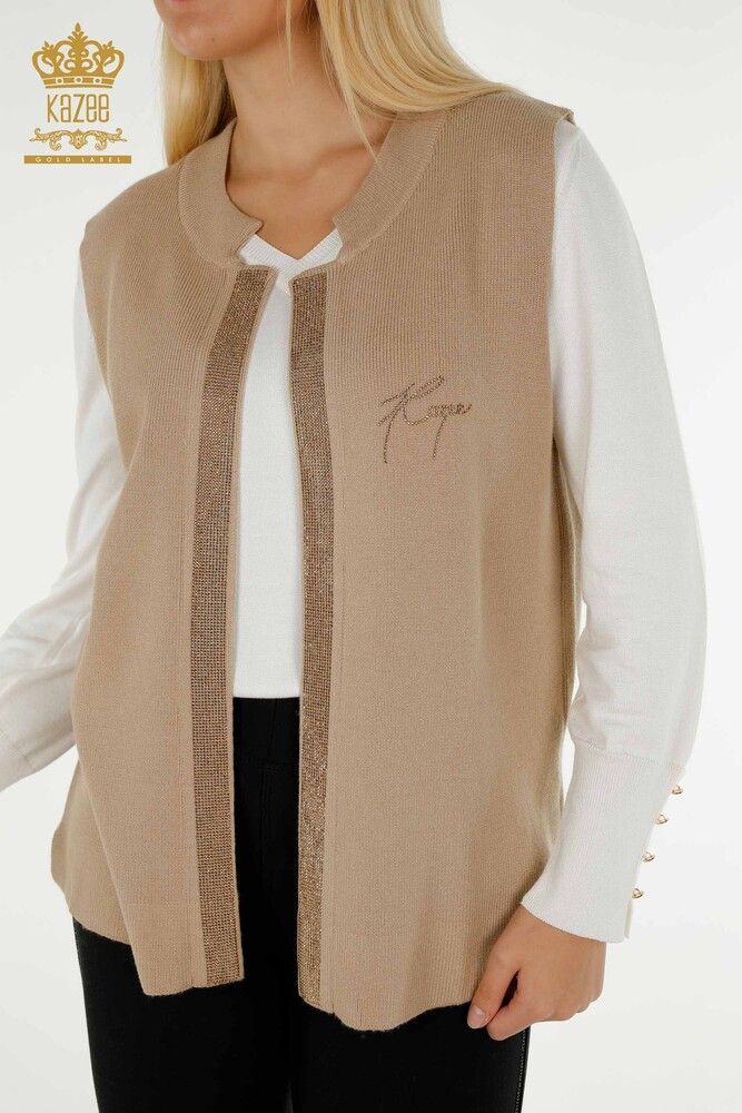 Wholesale Women's Short Vest Stone Embroidered Beige - 30411 | KAZEE - 2