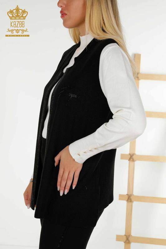 Wholesale Women's Short Vest Stone Embroidered Black - 30409 | KAZEE