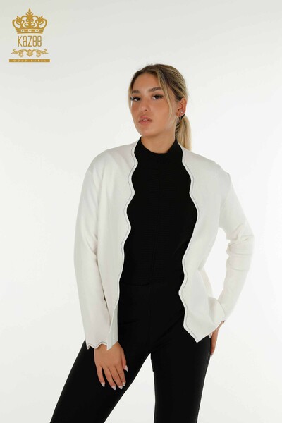 Wholesale Women's Short Vest Stone Embroidered Ecru - 30274 | KAZEE
