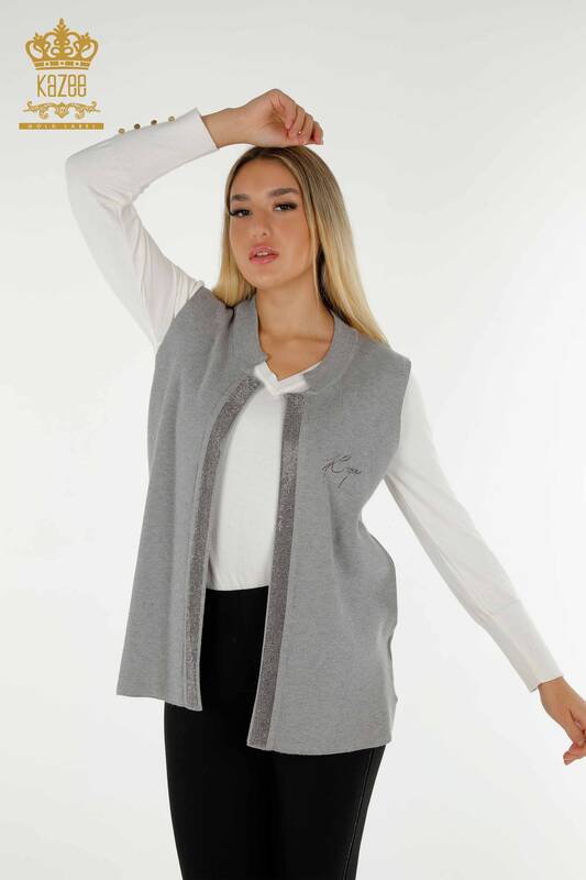 Wholesale Women's Short Vest Stone Embroidered Gray - 30411 | KAZEE