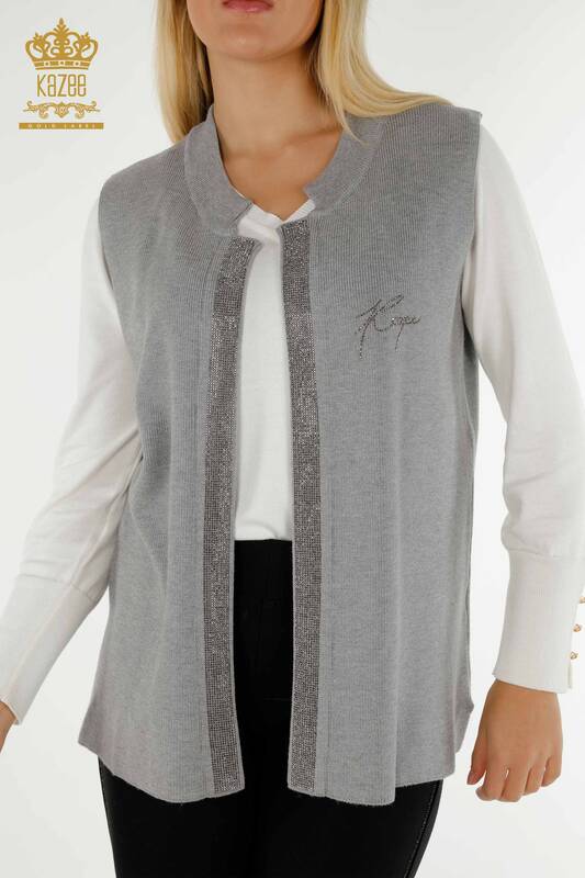 Wholesale Women's Short Vest Stone Embroidered Gray - 30411 | KAZEE