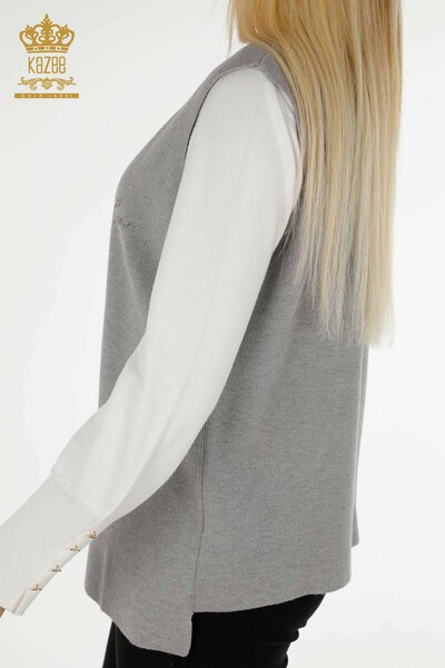 Wholesale Women's Short Vest Stone Embroidered Gray - 30411 | KAZEE - Thumbnail