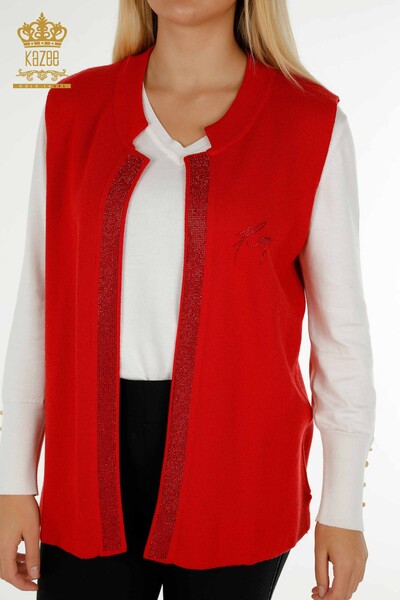 Wholesale Women's Short Vest Stone Embroidered Red - 30411 | KAZEE - Thumbnail