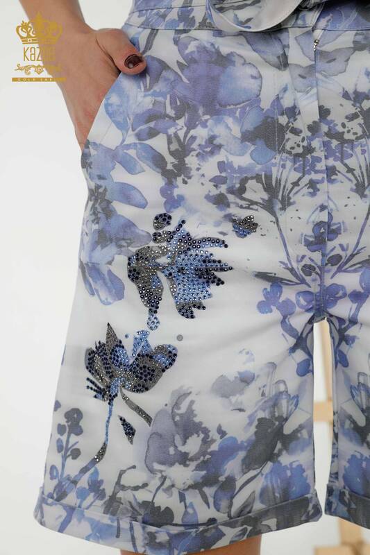 Wholesale Women's Shorts - Stone Embroidered - Blue - 3655 | KAZEE