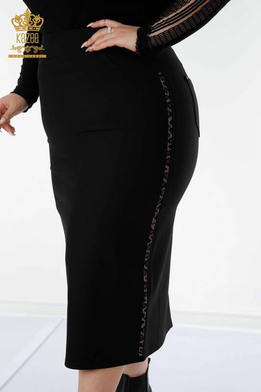 Wholesale Women's Skirt Leopard Stripe Stone Embroidered Black - 4209 | KAZEE