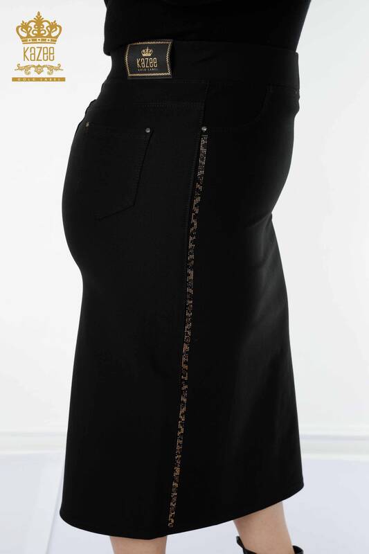 Wholesale Women's Skirt Leopard Stripe Stone Embroidered Black - 4209 | KAZEE