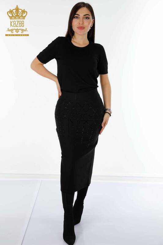 Wholesale Women's Skirt With Pocket Stone Embroidered Black - 4191 | KAZEE
