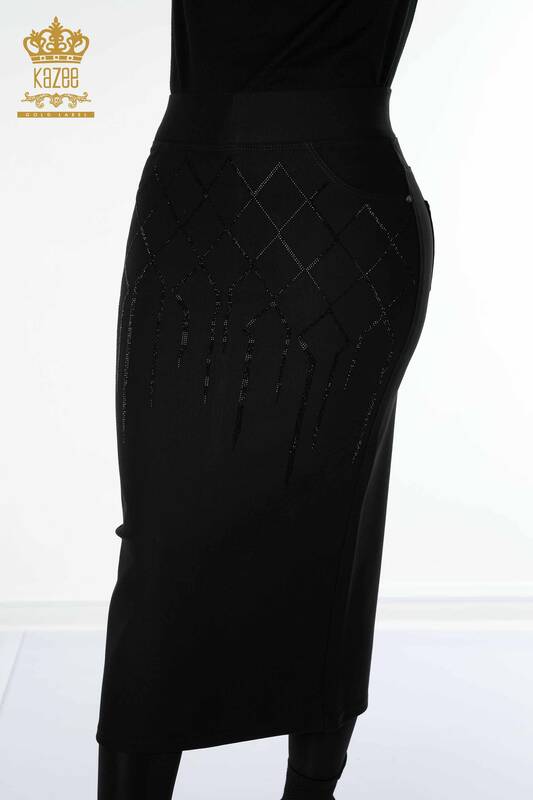 Wholesale Women's Skirt With Pocket Stone Embroidered Black - 4191 | KAZEE