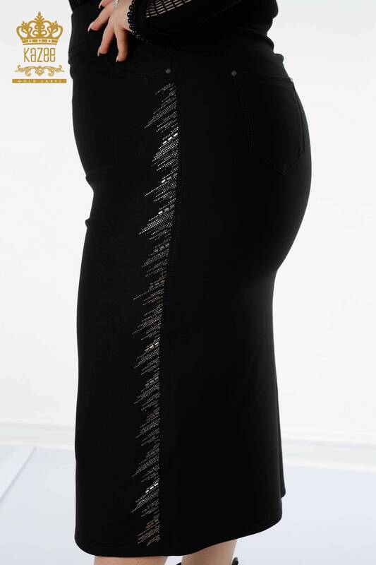 Wholesale Women's Skirt Stripe Stone Embroidered Black - 4194 | KAZEE