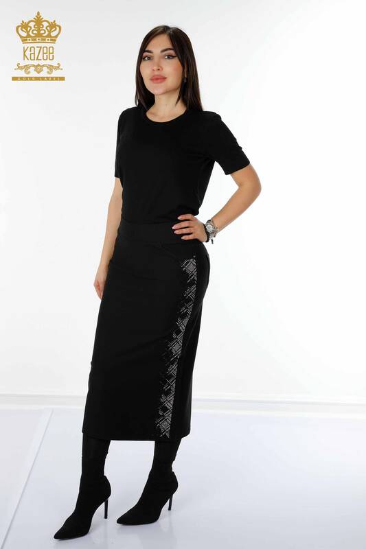 Wholesale Women's Skirt Stripe Stone Embroidered Black - 4215 | KAZEE