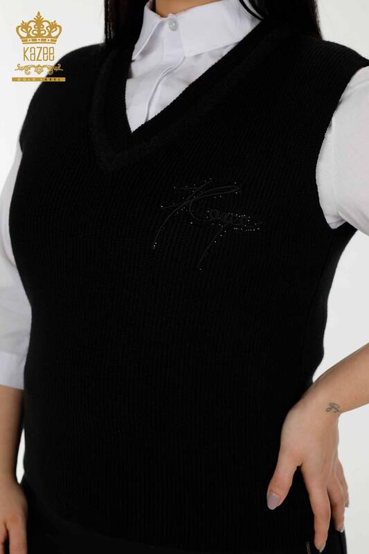 Wholesale Women's Sleeveless Sweater Crystal Stone Embroidered Black - 30170 | KAZEE
