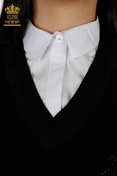 Wholesale Women's Sleeveless Sweater Crystal Stone Embroidered Black - 30170 | KAZEE - Thumbnail