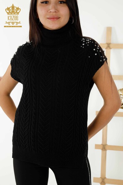 Wholesale Women's Sleeveless Sweater - Crystal Stone Embroidered - Black - 30242 | KAZEE - Thumbnail (2)