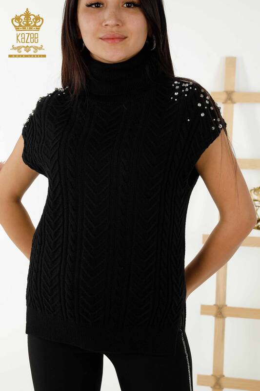 Wholesale Women's Sleeveless Sweater - Crystal Stone Embroidered - Black - 30242 | KAZEE