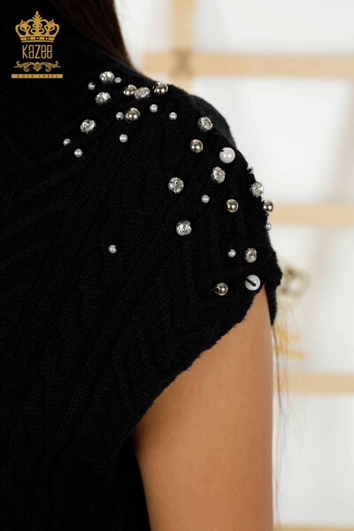 Wholesale Women's Sleeveless Sweater - Crystal Stone Embroidered - Black - 30242 | KAZEE - Thumbnail