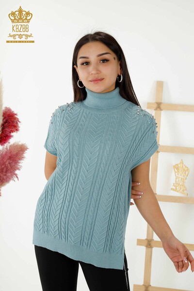Wholesale Women's Sleeveless Sweater - Crystal Stone Embroidered - Blue - 30242 | KAZEE