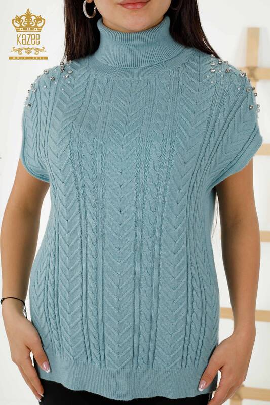 Wholesale Women's Sleeveless Sweater - Crystal Stone Embroidered - Blue - 30242 | KAZEE