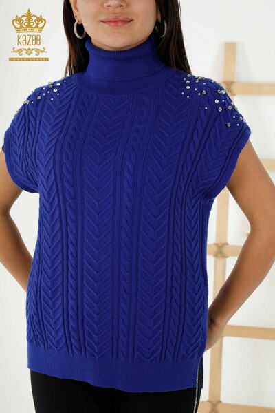 Kazee - Wholesale Women's Sleeveless Sweater - Crystal Stone Embroidered - Dark Blue - 30242 | KAZEE (1)